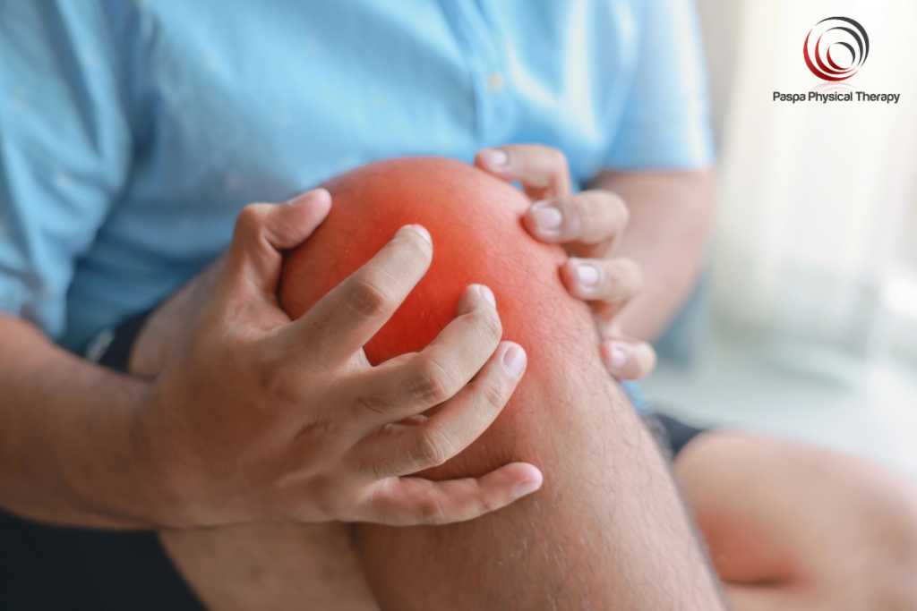 A man in pain caused by a torn meniscus in Manhattan, New York.