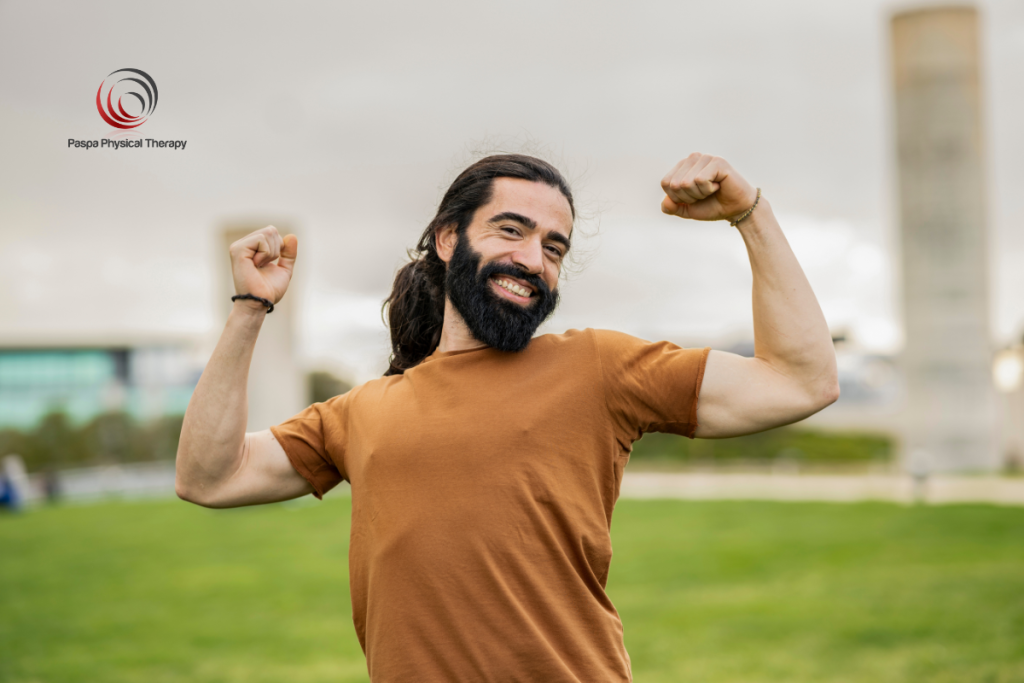 A relieved man after shoulder physical therapy.