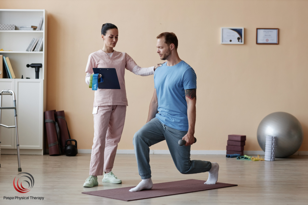 A man doing lunges during physical therapy in New York.